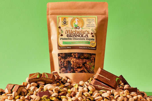 Michele's Granola Pistachio Chocolate Royale featuring Dubai Chocolate-inspired flavors with pistachios and chocolate chunks.
