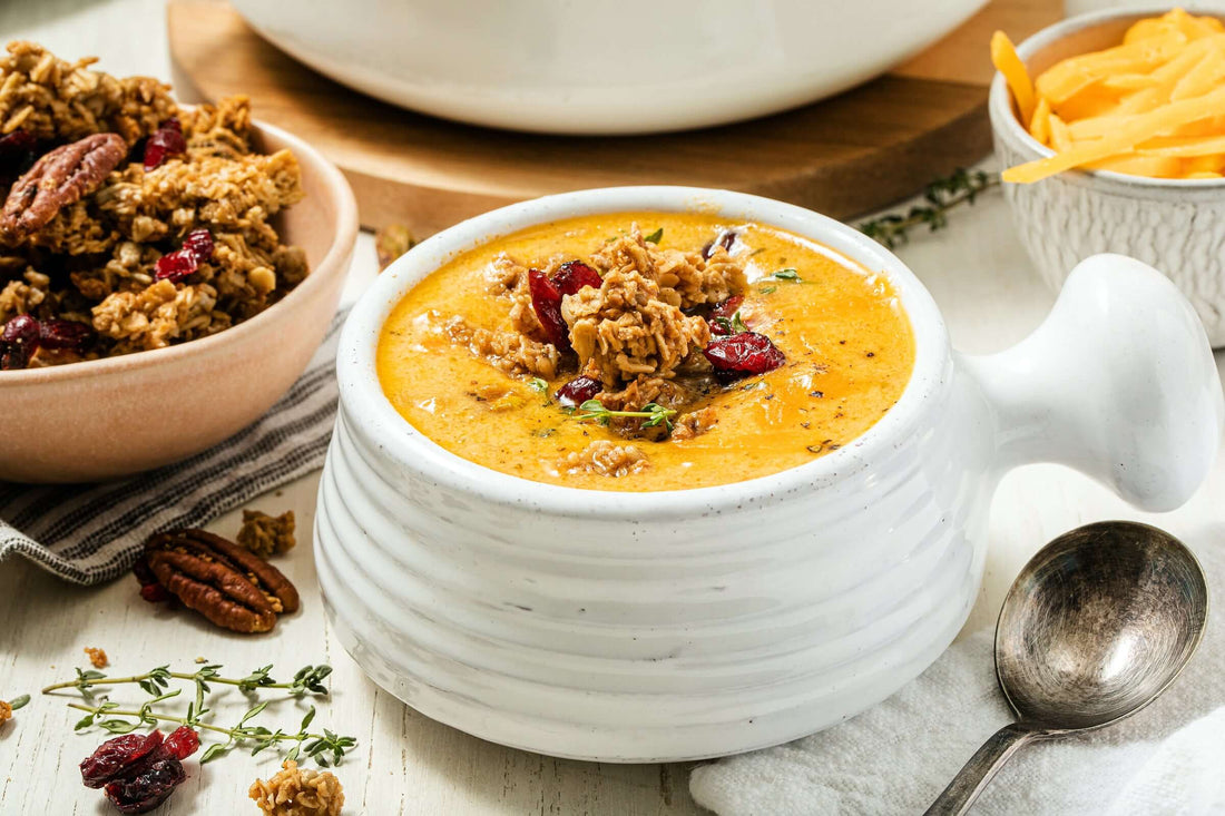 Smoky Beer Cheese Soup with Cranberry Pecan Granola