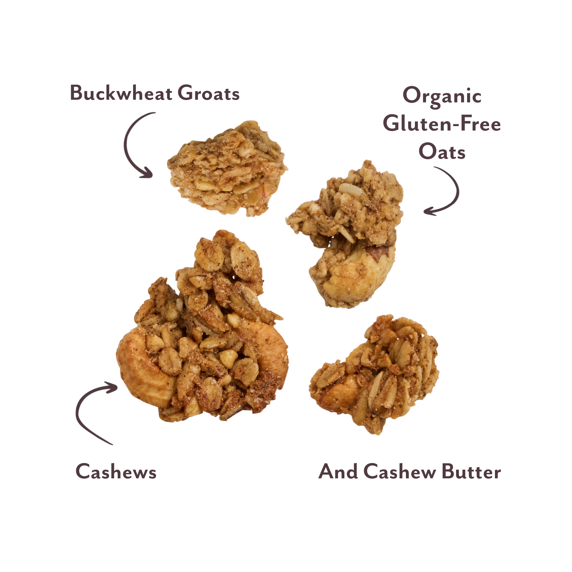 Michele's Granola Limited Edition Cashew Butter Granola featuring chunks of oats, cashews, and cashew butter in a colorful layout.
