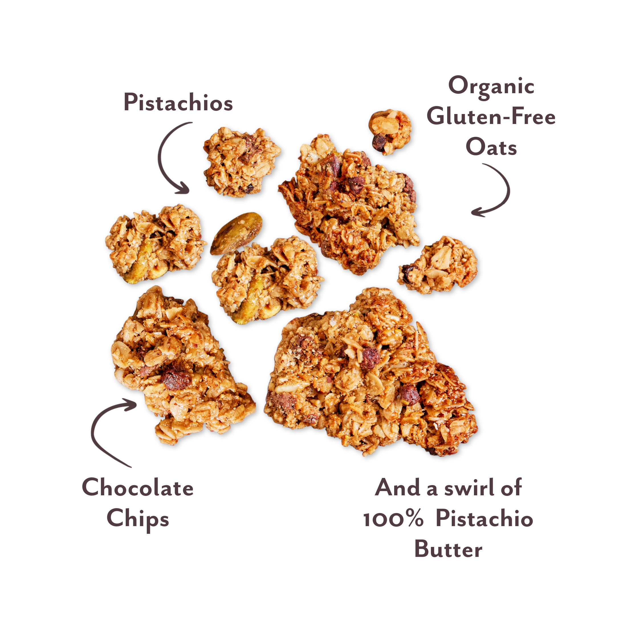 Cluster of granola showing pistachios, organic gluten-free oats, chocolate chips, and a swirl of 100% Pistachio Butter