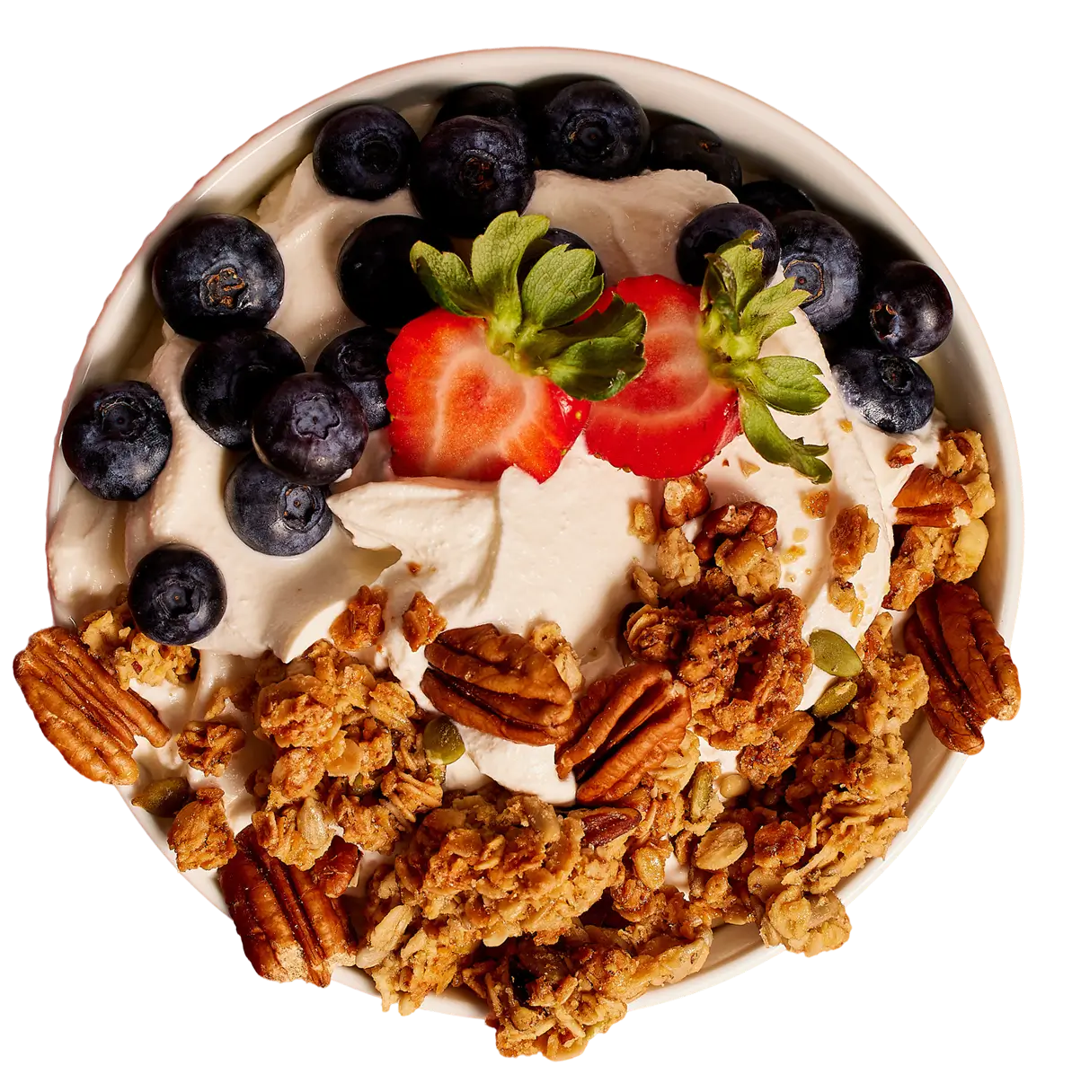 Michele's Granola yogurt bowl with granola, berries, and nuts on a white background