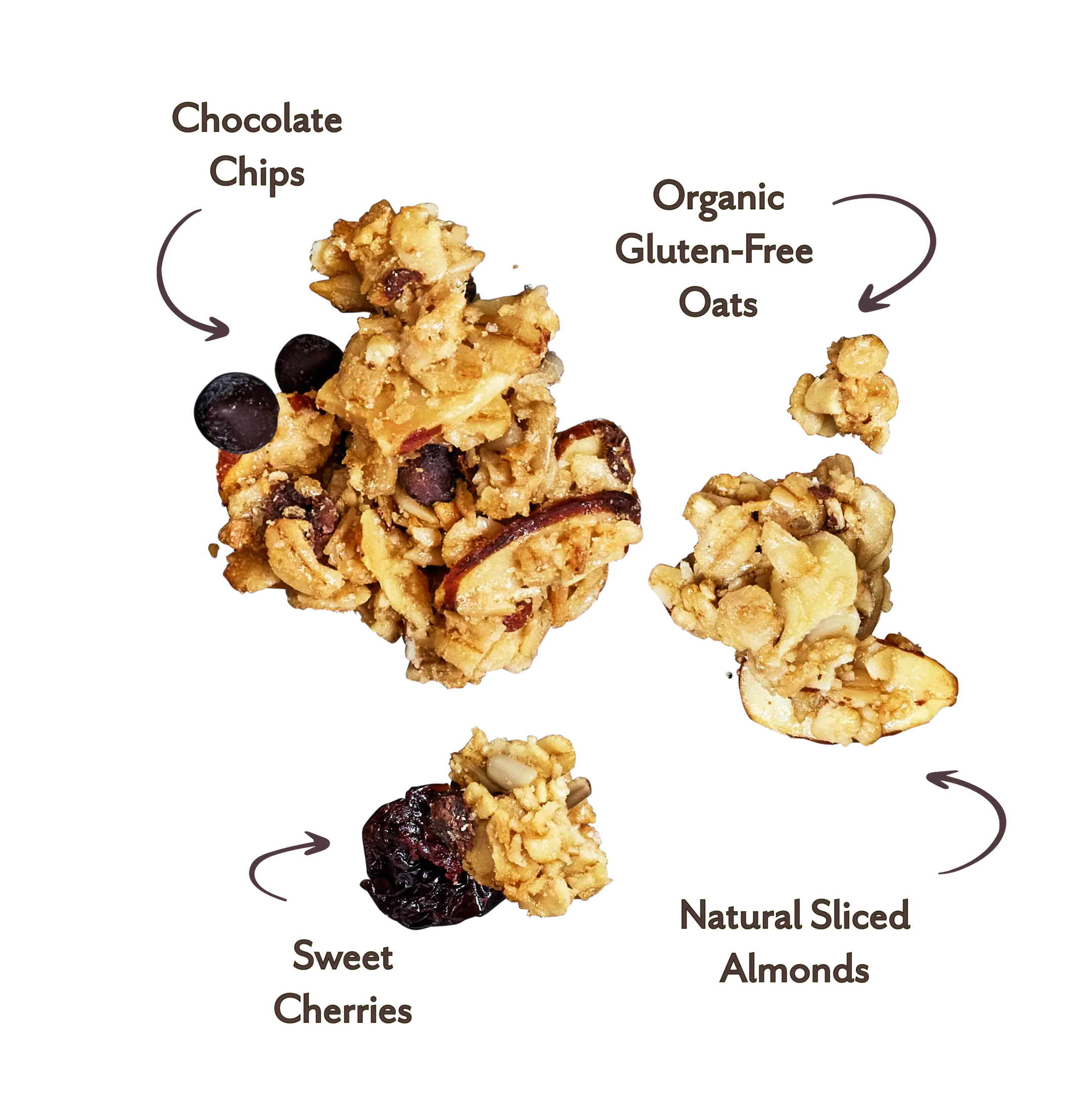 Michele's Granola Cherry Chocolate Granola bites with labeled ingredients on a white background
