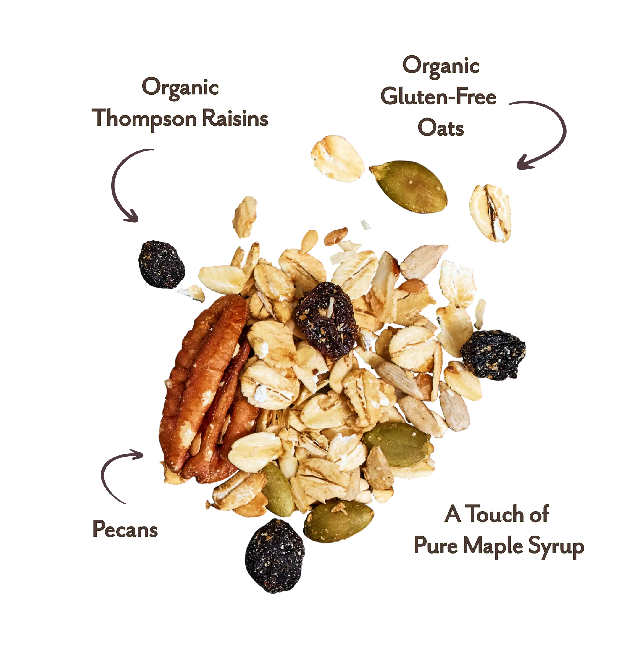 Michele's Toasted Muesli Trail mix with labeled ingredients including organic Thompson Raisins, Organic Gluten-Free Oats, Pecans, and a Touch of Pure Maple Syrup.