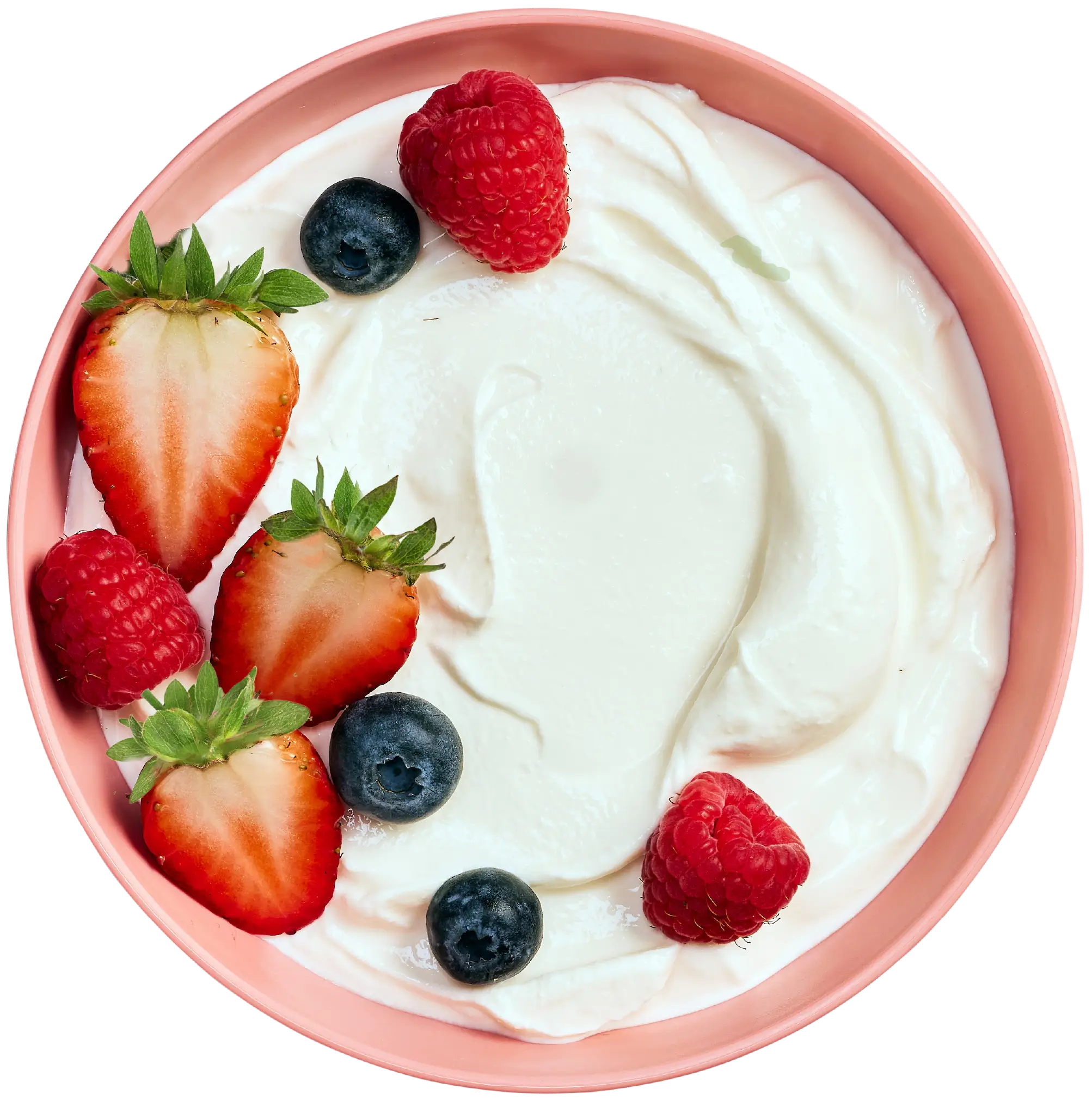 Michele's Granola Bowl of yogurt with strawberries and blueberries on a white background