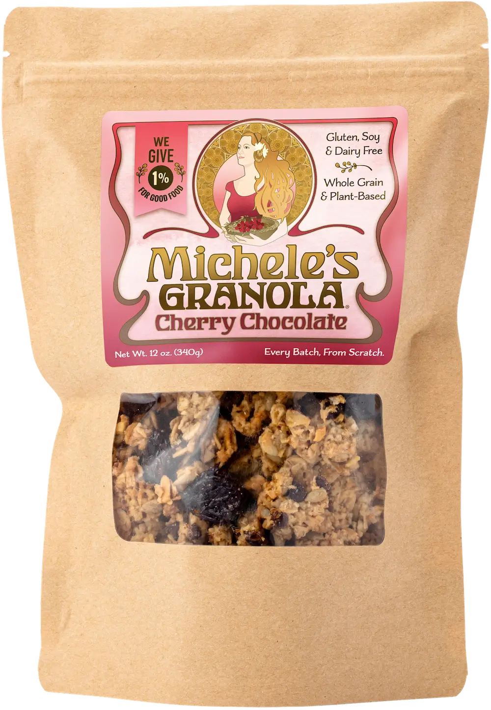 Michele's Granola Cherry Chocolate packaging with a clear window showing granola inside.