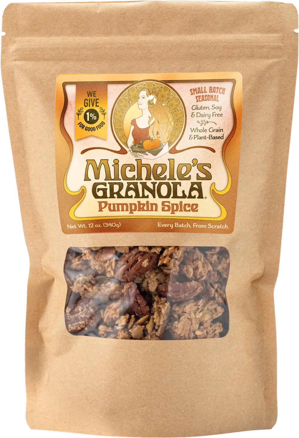 Michele's Granola Pumpkin Spice granola package with a clear window showing the product.