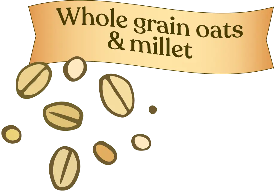 Illustration of whole grain oats and millet with a banner above