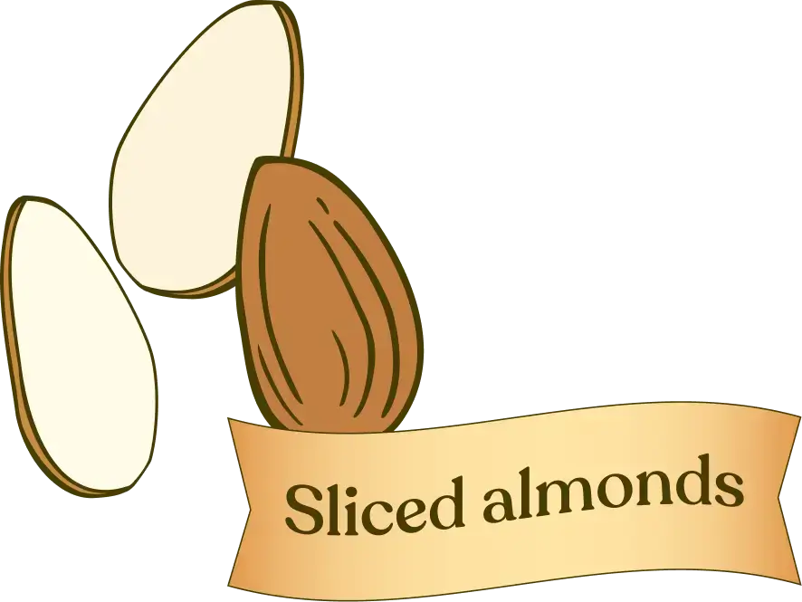 Illustration of sliced almonds with a banner indicating 'Sliced almonds'