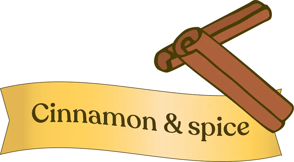Two cinnamon sticks on a yellow banner with 'Cinnamon & spice' text