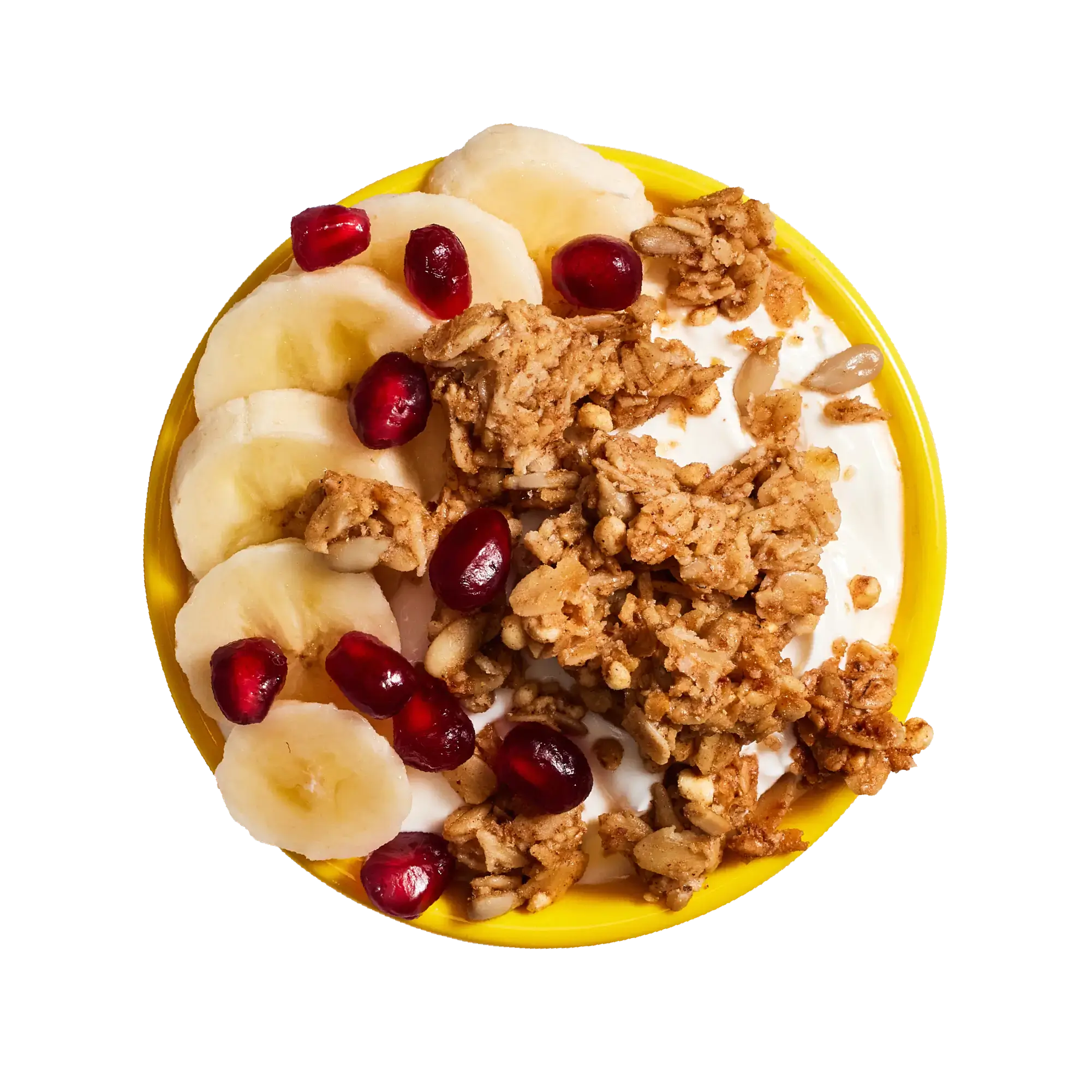 Michele's Breakfast Nook Banana Bread Granola. Yellow bowl with yogurt, granola, bananas, and pomegranate seeds