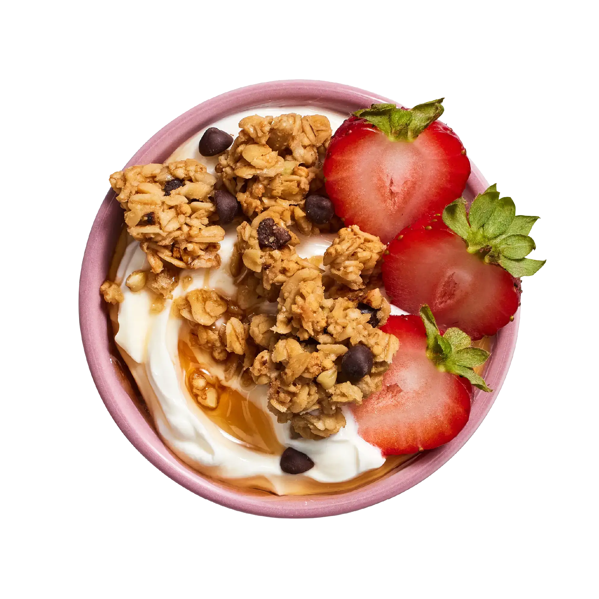 Michele's Breakfast Nook Chocolate Chip Pancake Granola Yogurt bowl with granola and strawberries