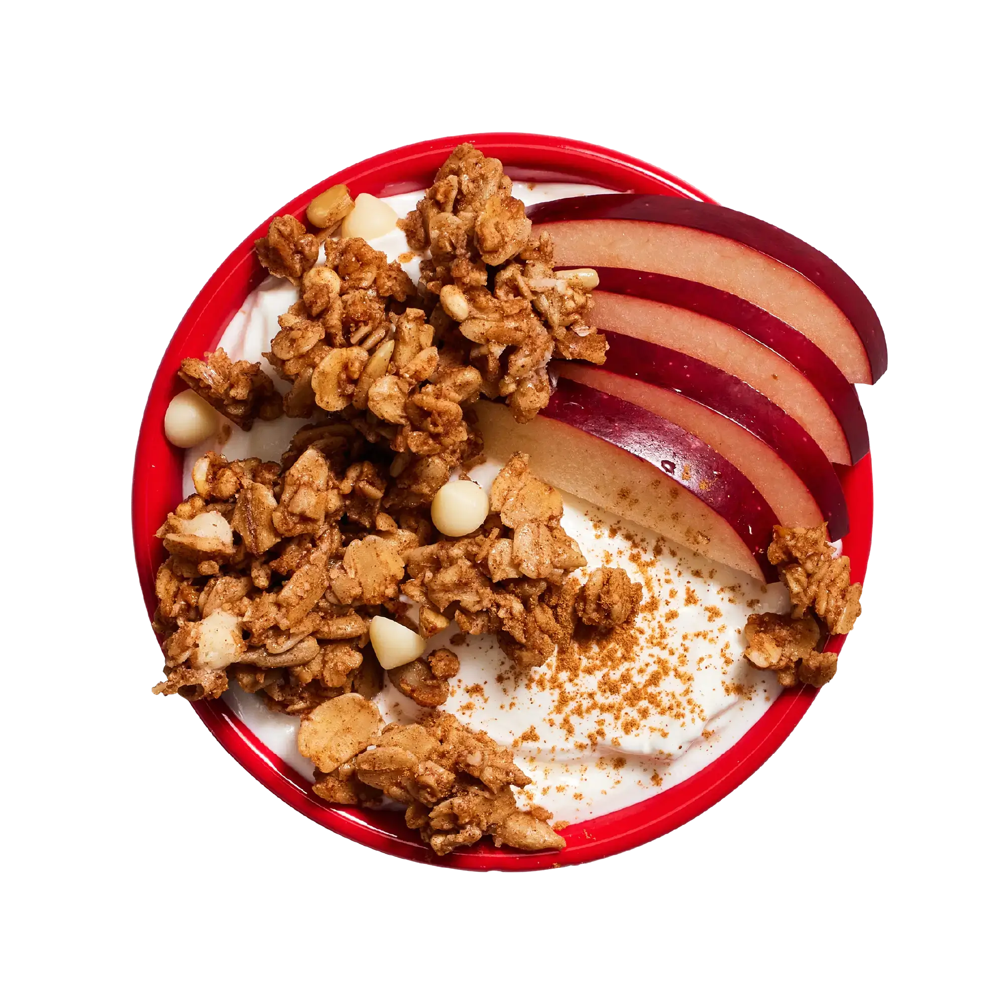 Michele's Breakfast Nook Cinnamon Roll Granola Yogurt bowl with granola and apple slices