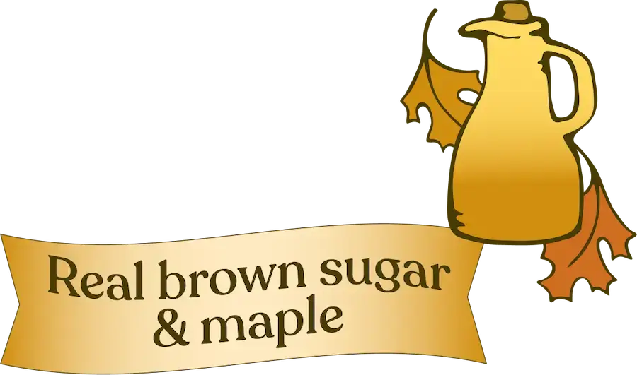 Logo with a pitcher and leaves labeled 'Real brown sugar & maple'