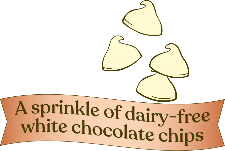 Illustration of dairy-free white chocolate chips with a banner below.