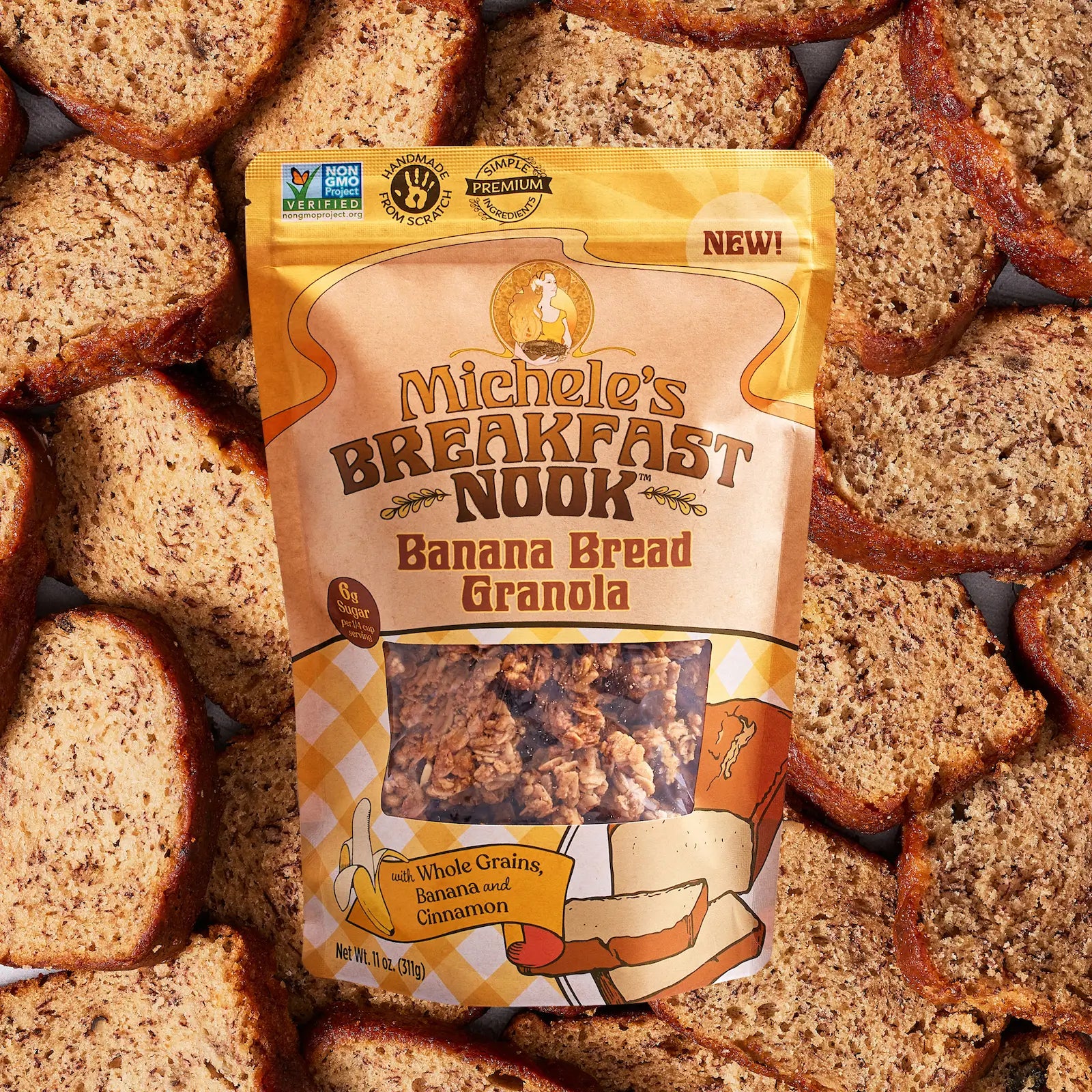 Michele's Breakfast Nook Banana Bread Granola package surrounded by banana bread slices.