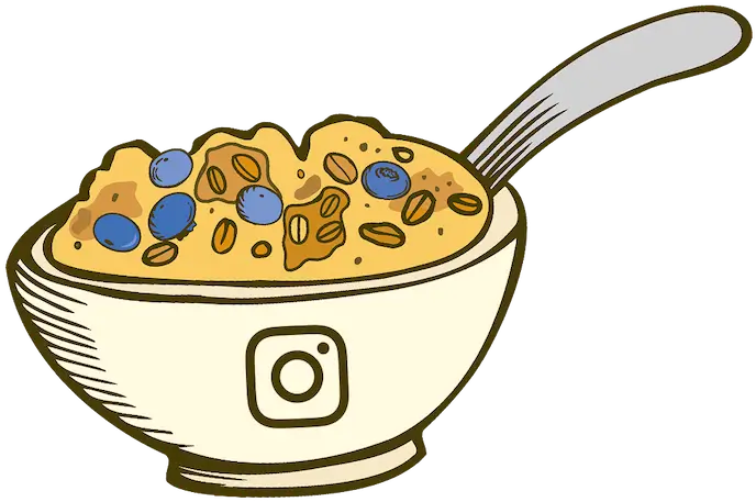Michele's Granola Illustration of a bowl of cereal with blueberries and a spoon, featuring an Instagram logo.