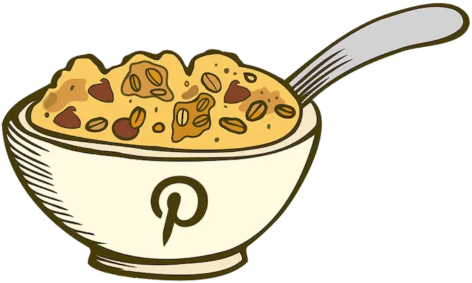 Michele's Granola Illustration of a bowl of cereal with a spoon, featuring the Pinterest logo.