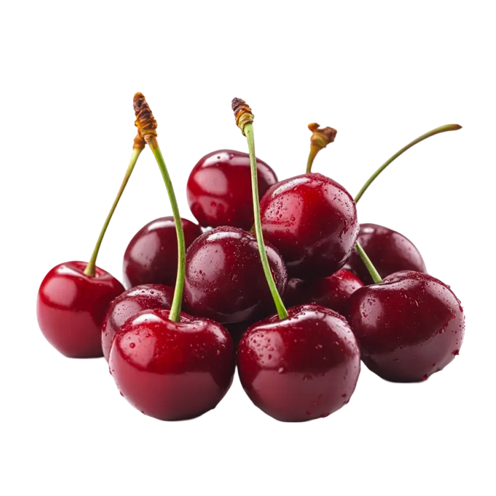 Close-up of red cherries with green stems